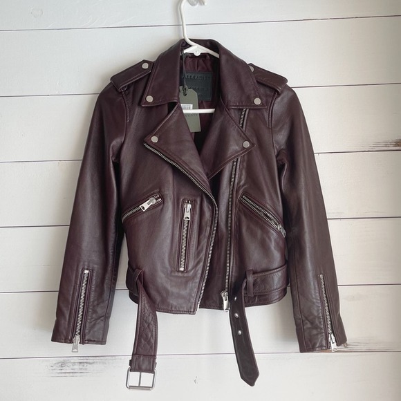 NWT All Saints Balfern Biker Leather Jacket Deep Red Size US 0 - Picture 11 of 12